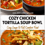 Bowl of Chicken Tortilla Soup With Salsa topped with crispy tortilla strips and avocado for a One Pot Chicken Tortilla Soup style.